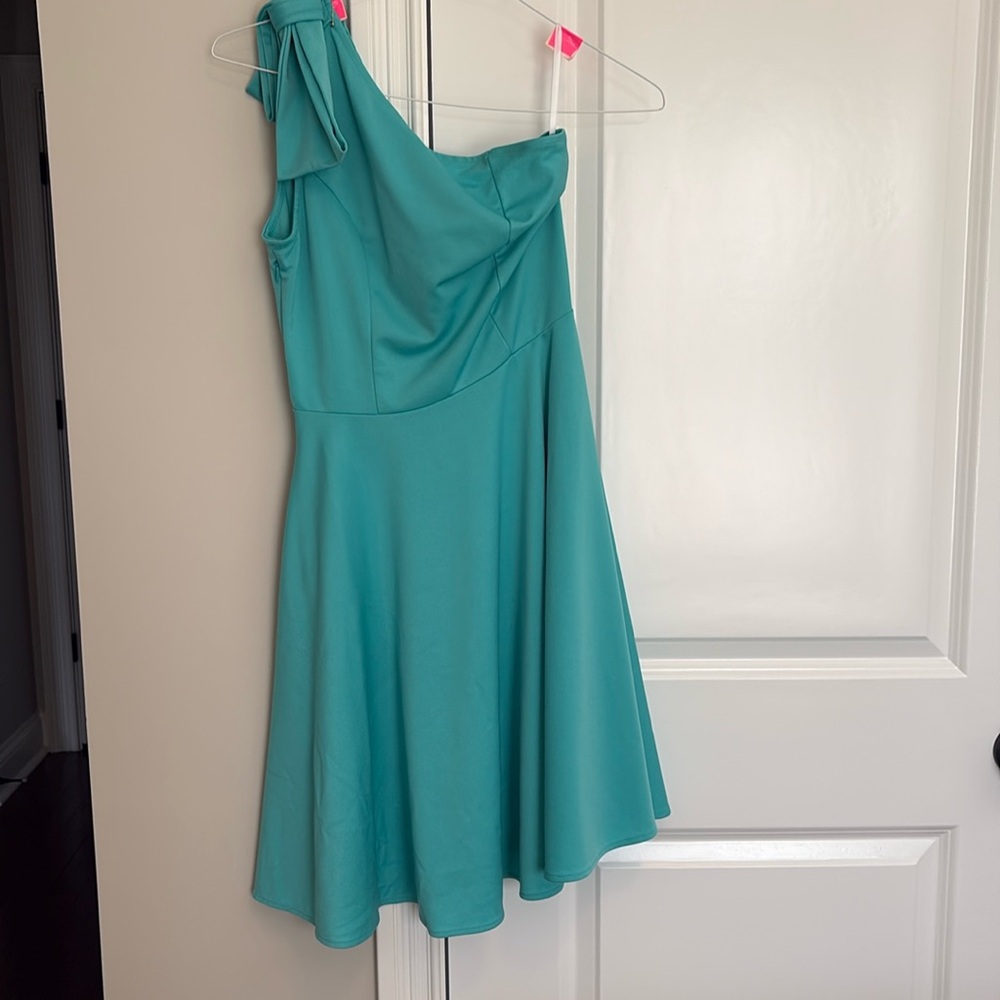 Teal one shoulder cocktail dress size m with pockets - Picture 2 of 8